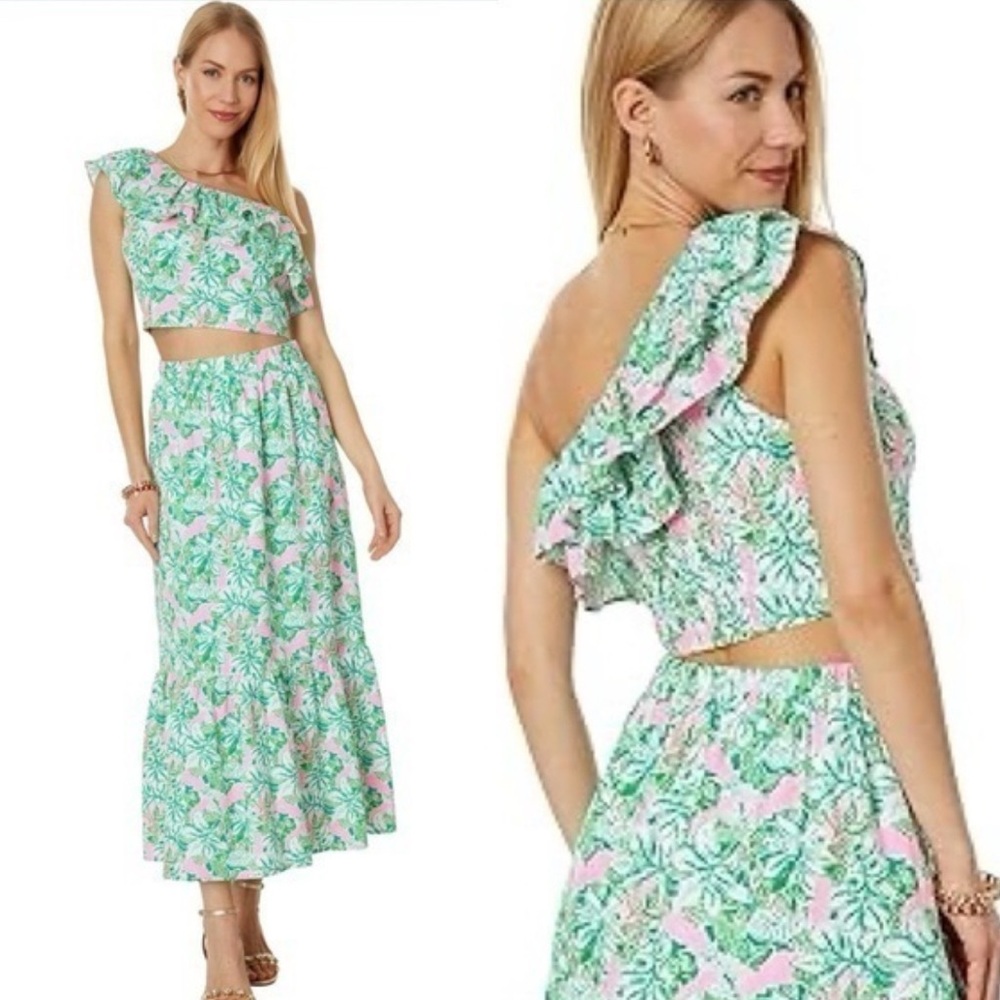Lilly Pulitzer Dress Women's 4 Kasida Ruffle Set One Shoulder‎ Top Maxi Skirt